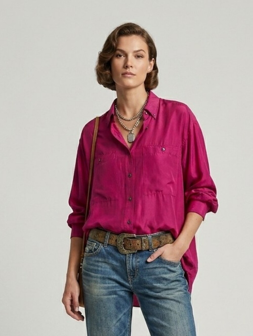 Jean France Magenta Pink 100% Silk Long Sleeve Oversized Shirt